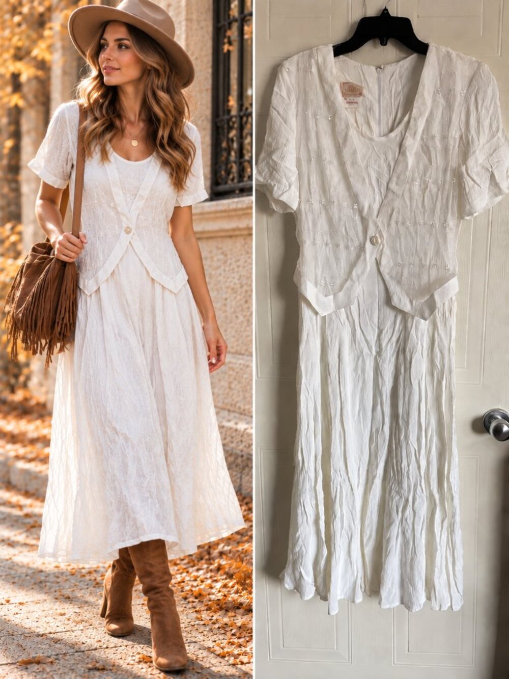 Algo White Embroidered Crinkle Midi Dress Faux Jacket Overlay Cottagecore 7/8
